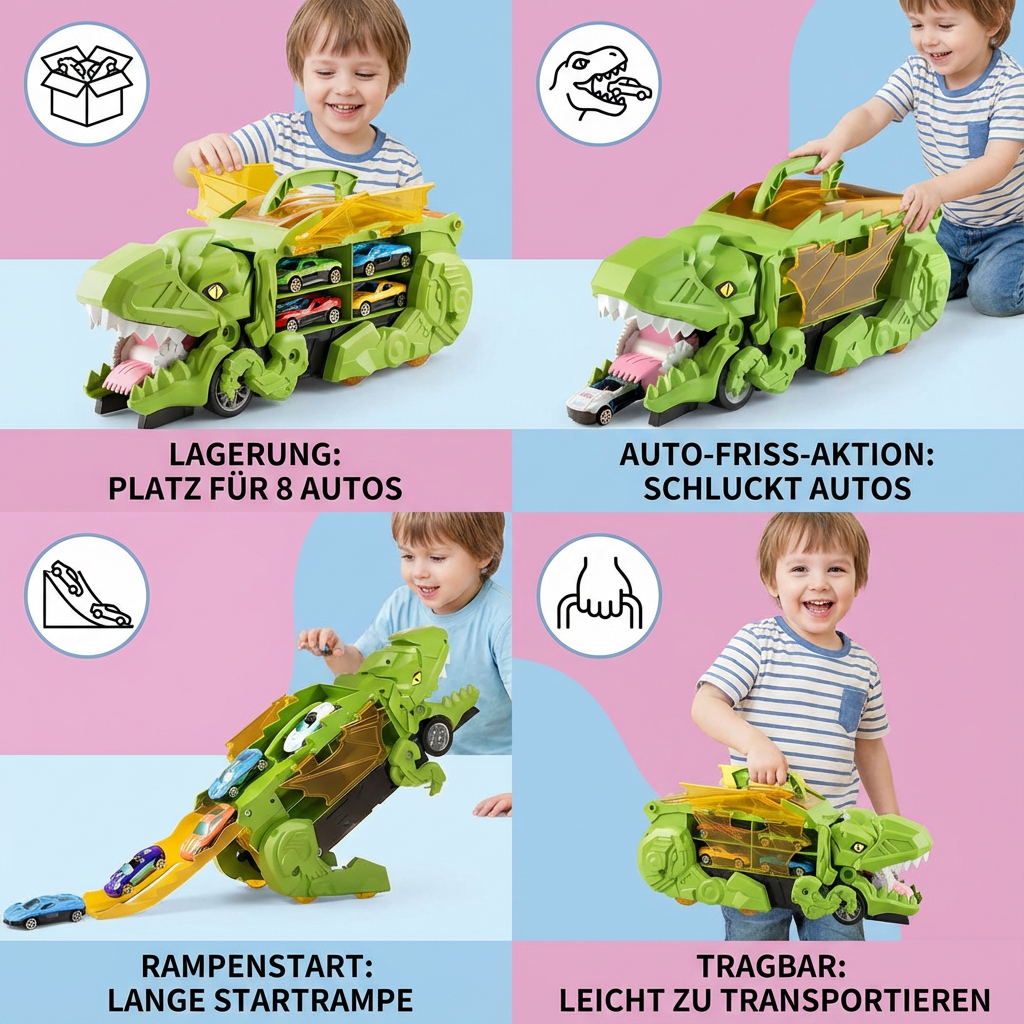 Robuster Dinosaurier Spielzeug LKW in Aktion, Verwandlungsauto für actionreiche Kinderabenteuer
