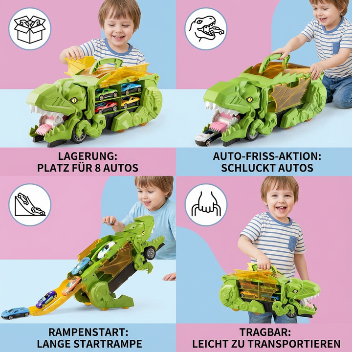 Robuster Dinosaurier Spielzeug LKW in Aktion, Verwandlungsauto für actionreiche Kinderabenteuer