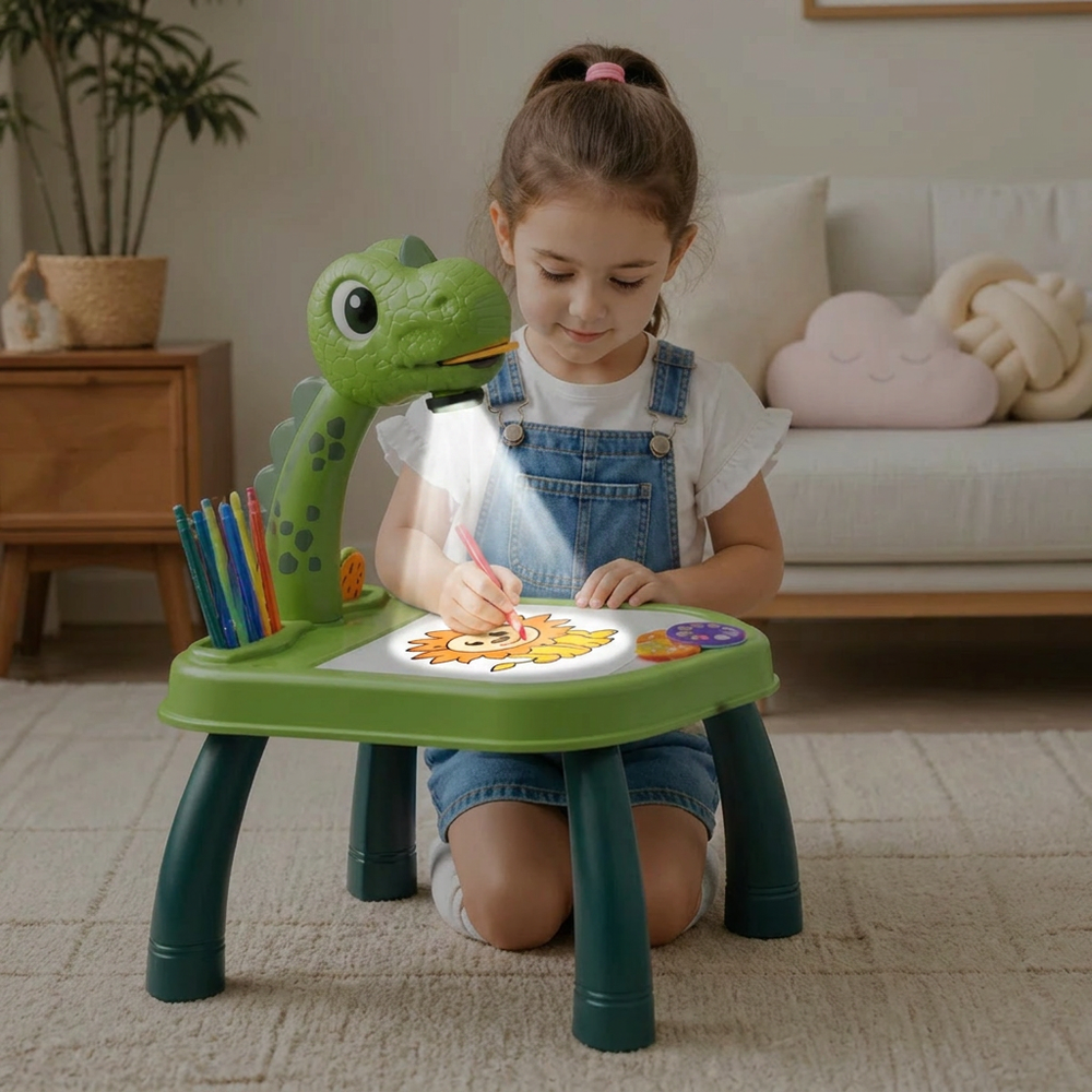 Interaktiver Dinosaurier Projektions Zeichentisch mit Licht & Musik für kreativen Malspaß bei Kindern.