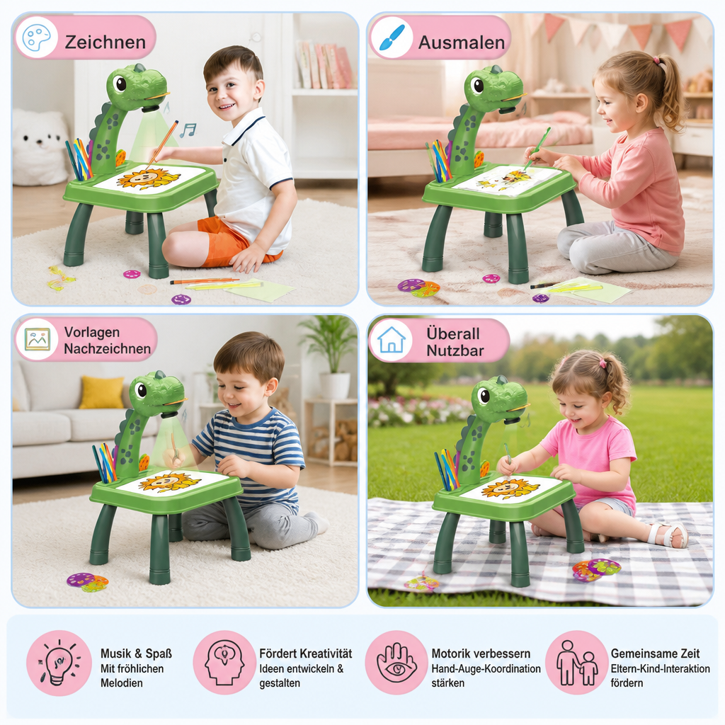 Kreativer Zeichentisch Dinosaurier Projektion als Geschenk für Kinder. Malen mit Licht und Spaß.