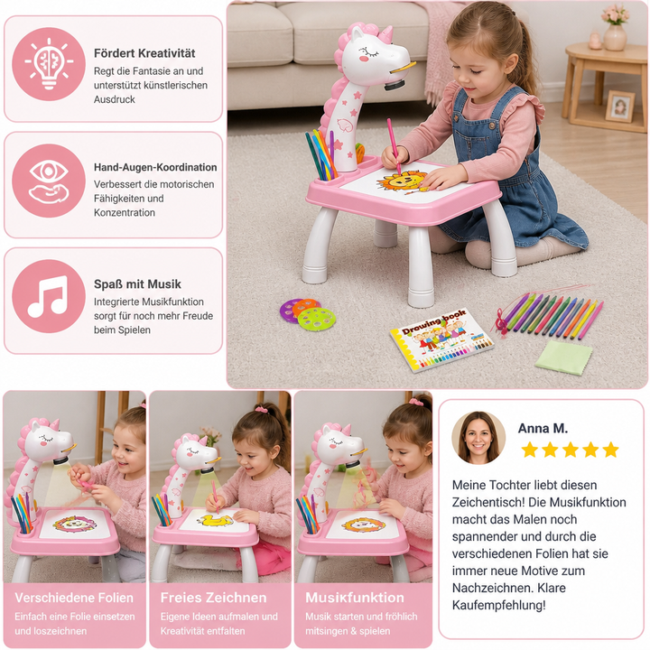 Detailansicht des Dinosaurier Projektions Zeichentisch für Kinder. Malen, zeichnen & Musik genießen.
