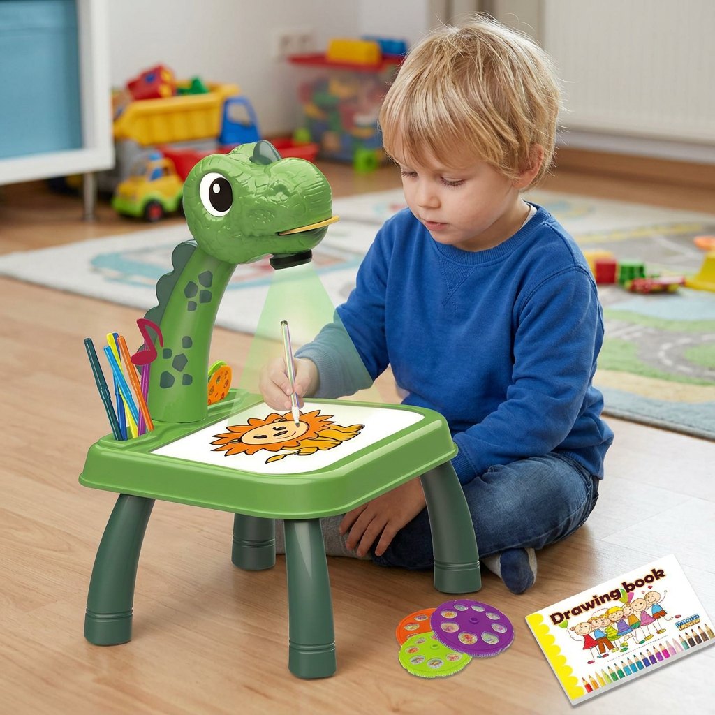 Kinder malen mit Licht am Dinosaurier Projektions Zeichentisch. Fördert Kreativität & Feinmotorik beim Zeichnen.