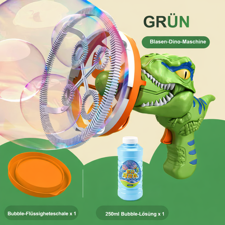 Dinosaurier Seifenblasenmaschine für Kinder, die automatisch unzählige Blasen im Garten erzeugt.