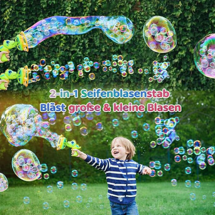 Detailreiche Dinosaurier Seifenblasenmaschine, die Tausende glitzernder Blasen für Kinder im Garten produziert.