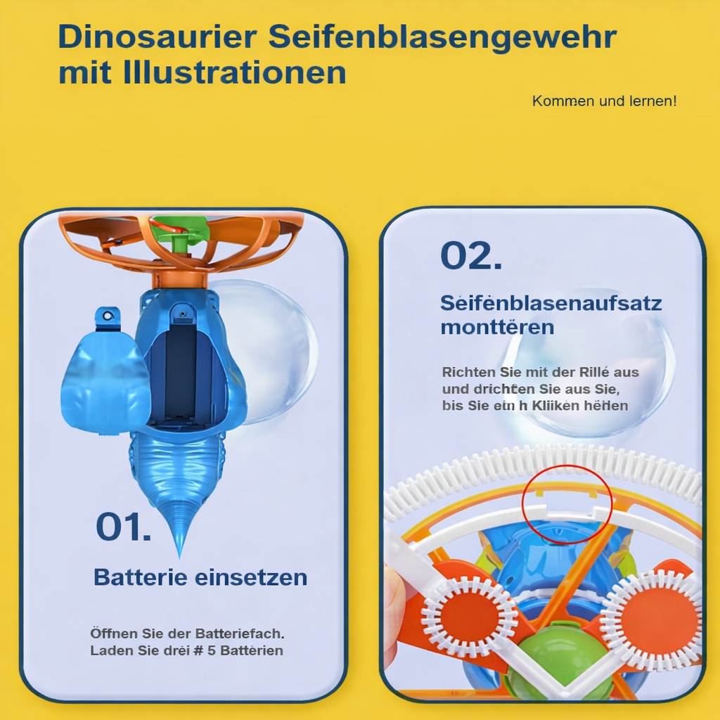 Familienfreundliche elektrische Dino Seifenblasenmaschine, bringt Freude bei Gartenpartys und Sommeraktivitäten.
