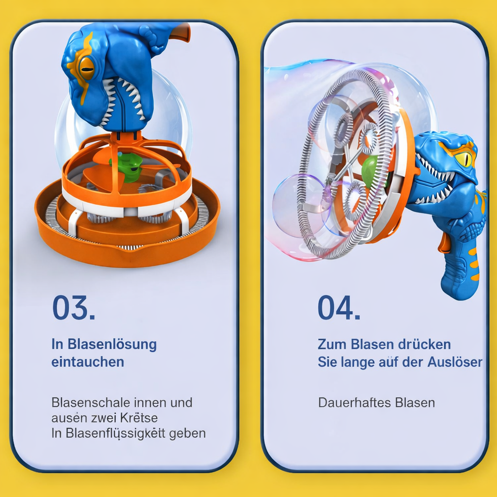 Einfach zu bedienende, elektrische Dinosaurier Seifenblasenmaschine für Kinder, sofortiger Blasen-Spaß garantiert.