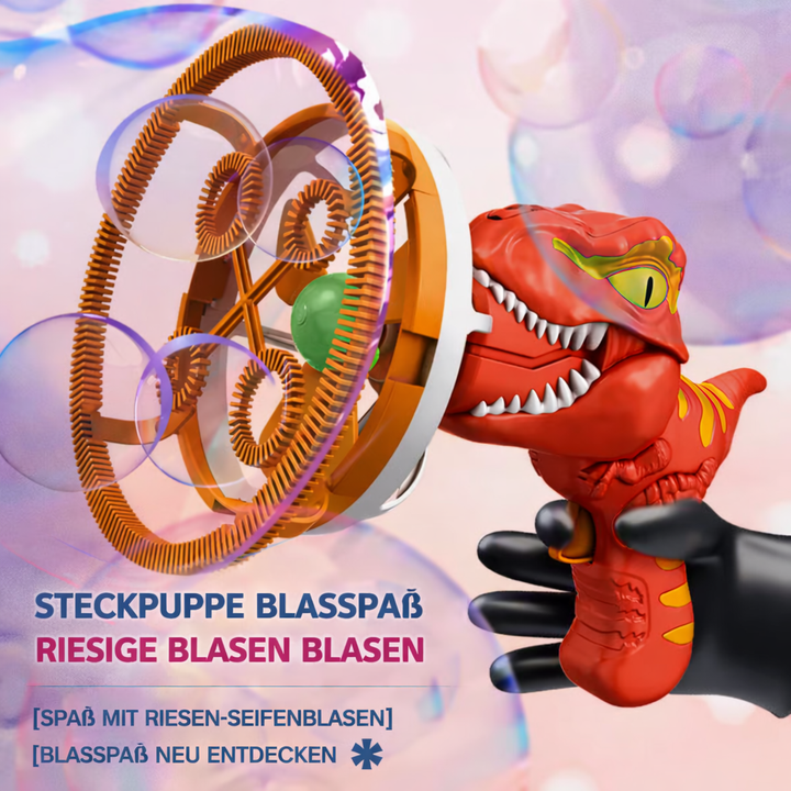 Automatische Seifenblasenmaschine in Dino-Form, schafft mühelos einen Blasenregen für Kinder im Freien.