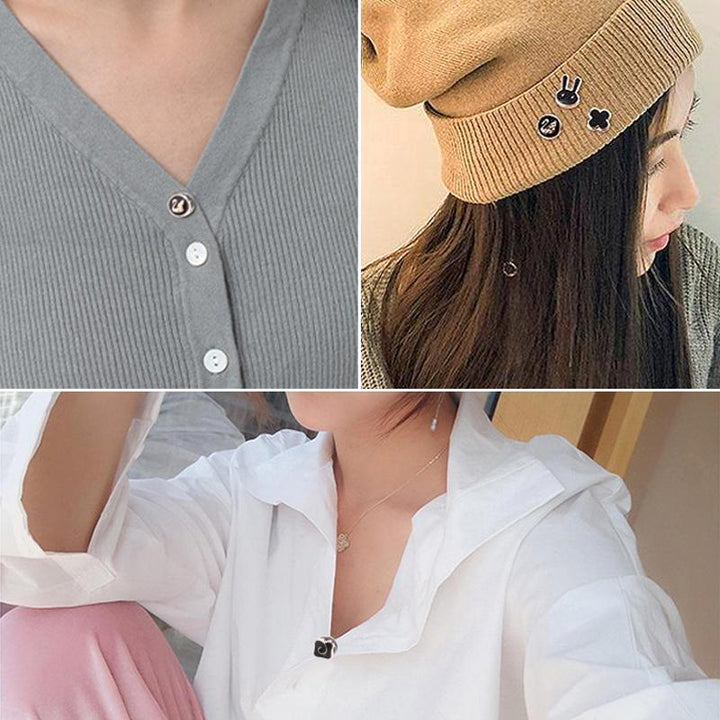 Hände befestigen einen Knopf ohne Nähen an einer Bluse. DIY Stylinghilfe für perfekte Passform schnell gemacht.