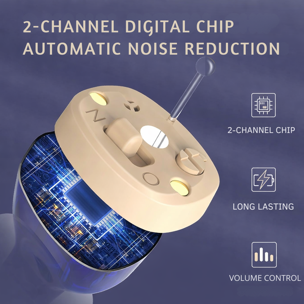 Ultra-diskreter In-Ear Hörverstärker, leicht und komfortabel für den täglichen Gebrauch.
