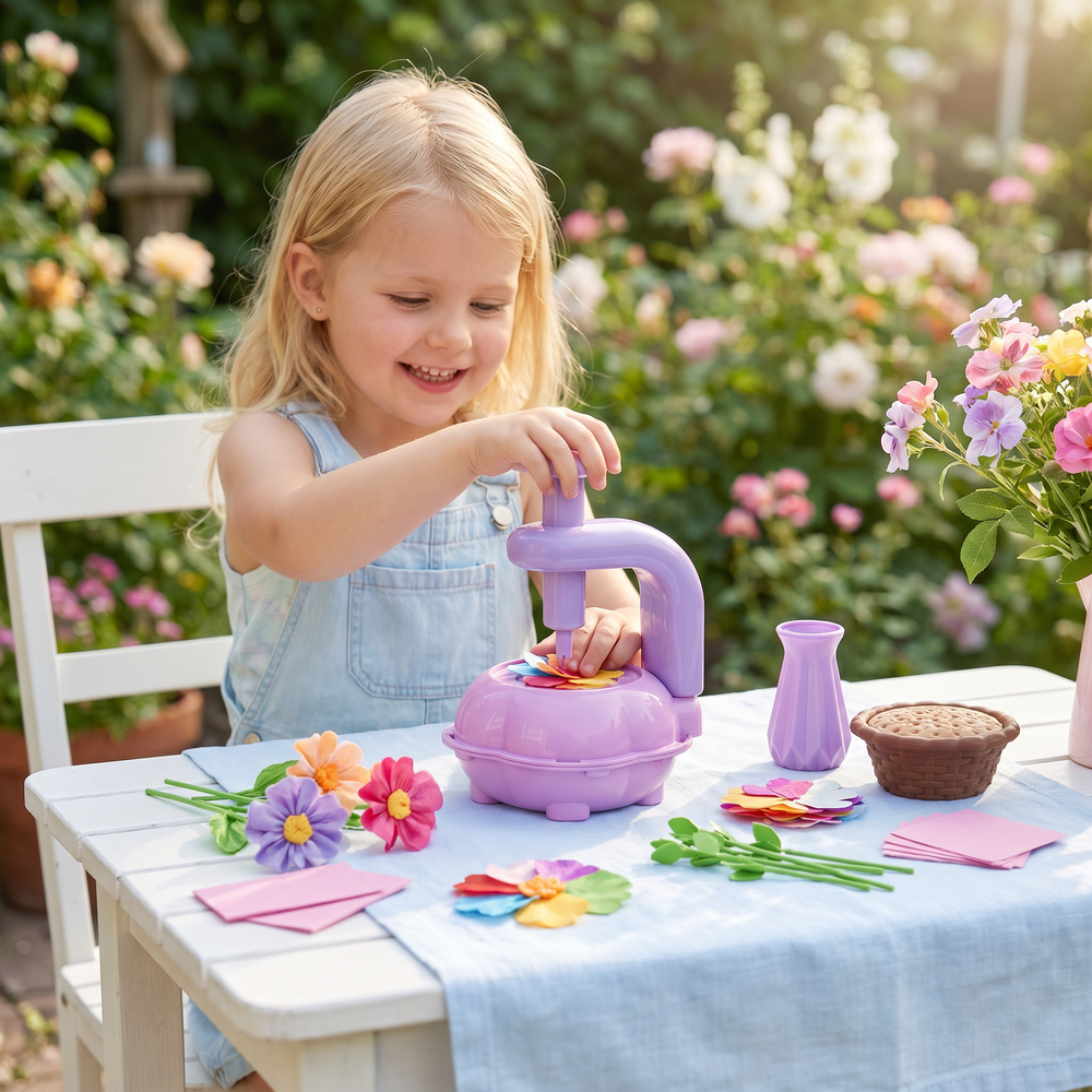 Kreatives Bastelset für Mädchen: DIY Blumenstrauß gestalten mit einer kindgerechten Pressmaschine. Perfekt für Handarbeit.