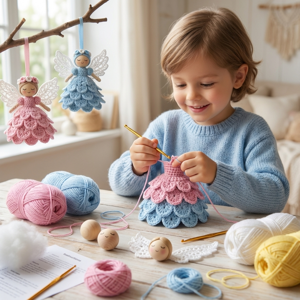 DIY Häkelset für Engel. Komplettes Bastelset mit Wolle, Nadel und Anleitung zum Selbermachen.