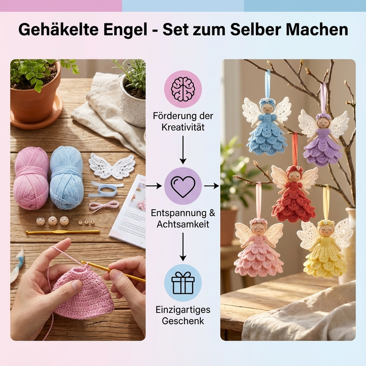 Inhalt des DIY Häkelsets: Qualitätswolle, Häkelnadel, Füllmaterial und detaillierte Anleitung für Engel.