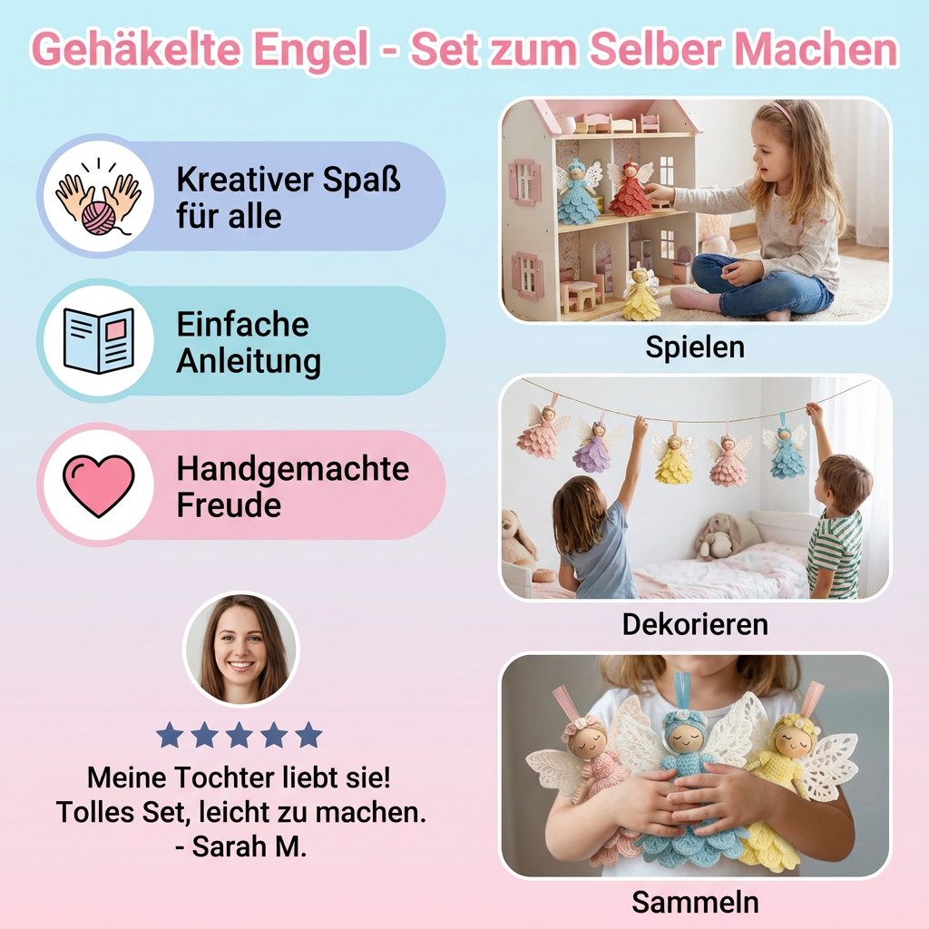 Hände häkeln einen Engel mit dem DIY Bastelset. Kreative Handarbeit zum Selbermachen für Anfänger.