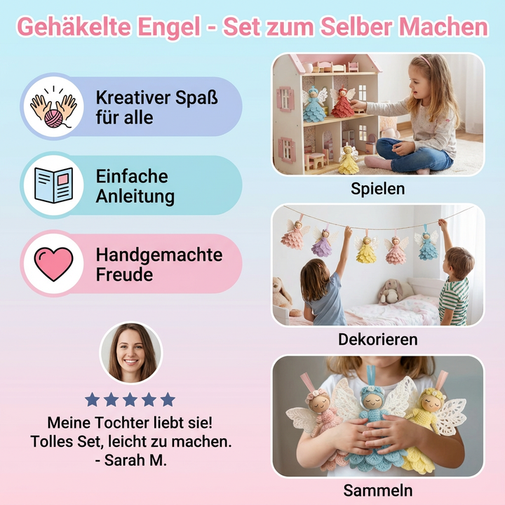 Hände häkeln einen Engel mit dem DIY Bastelset. Kreative Handarbeit zum Selbermachen für Anfänger.