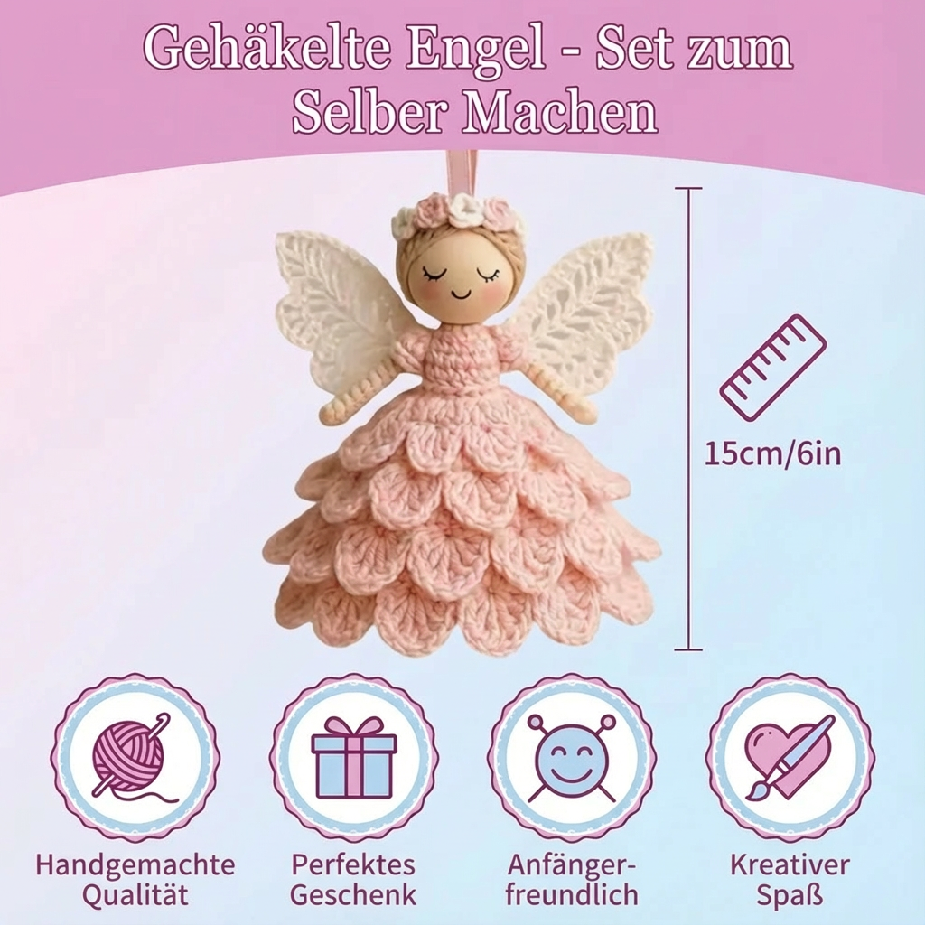 Selbstgemachter Häkel-Engel schmückt Zuhause. Festliche und zauberhafte Dekoration für jede Jahreszeit.