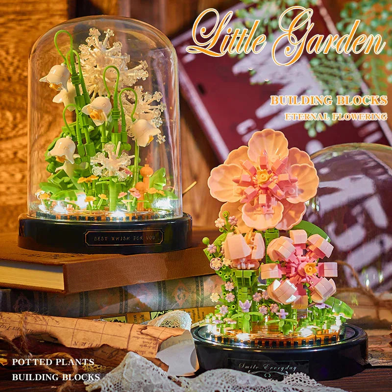 Fertige Blumen Bausteine in verschiedenen Designs, als Tischdekoration oder Fensterbank-Schmuck.