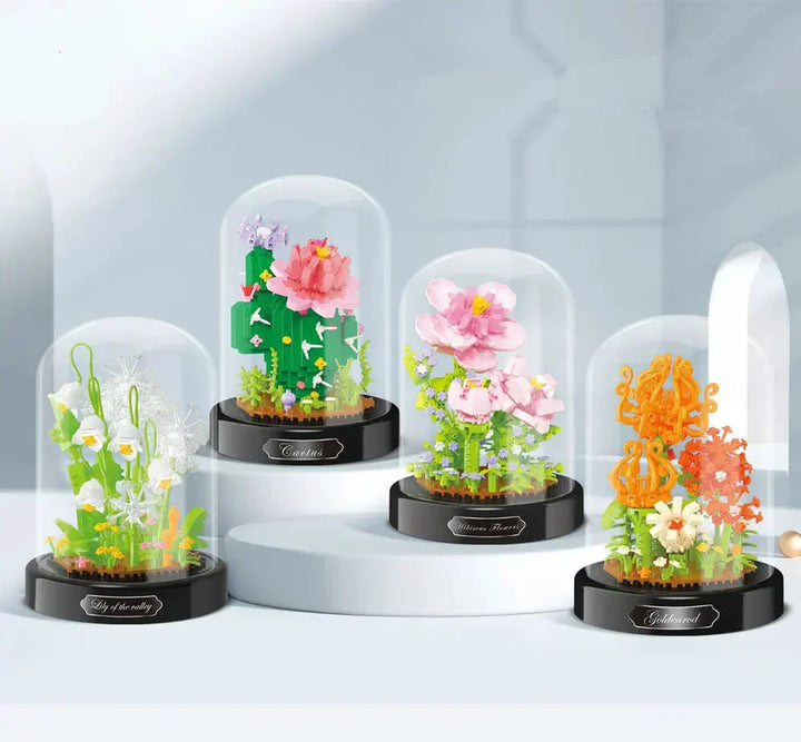 Nahaufnahme von filigranen Blumenblüten aus winzigen Bausteinen, präzises Bastelset.