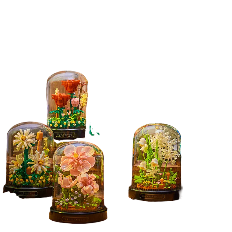 Fertiges Blumenmodell als dauerhafte Dekoration, eine nachhaltige Geschenkidee aus Bausteinen.