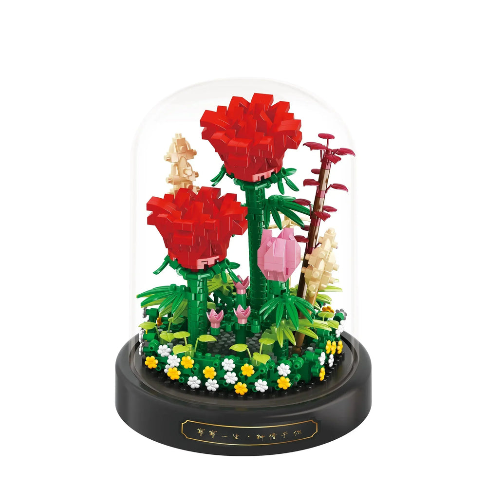 Kreatives Blumenmodell aus Mikrobausteinen als einzigartige DIY Dekoration für Zuhause.