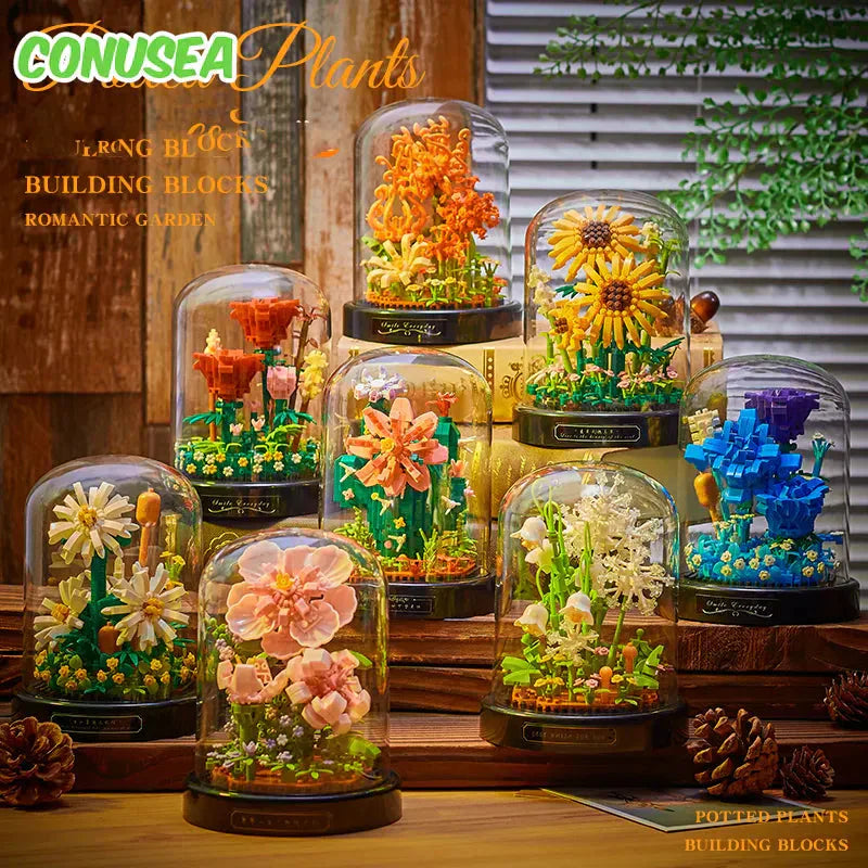 Hand hält eine DIY Blume aus Bausteinen, zeigt Detailreichtum und Bastelergebnis.
