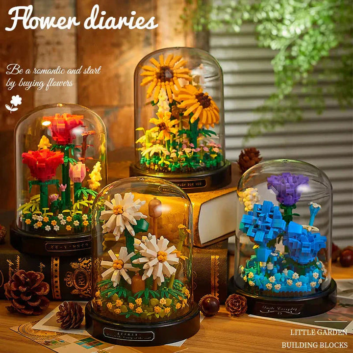 Verpackung des Mikro Blumen Bausteine Kreativsets, ideal als Geschenk für Heimdekoration.