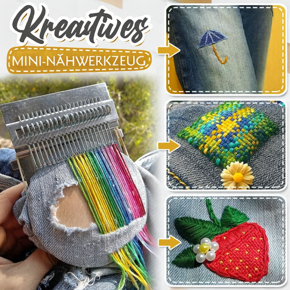 Kreatives Web- & Stopfwerkzeug für DIY Kleidung-Reparaturen; ideal für nachhaltige Handarbeit & Upcycling.