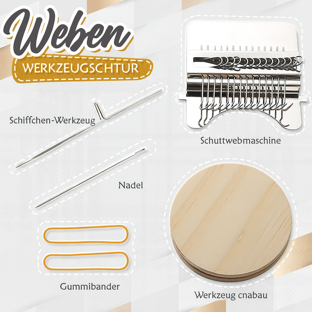 Praktisches Webwerkzeug-Set für Kleidung-Reparatur; fördert Nachhaltigkeit, Upcycling und DIY Handarbeit.