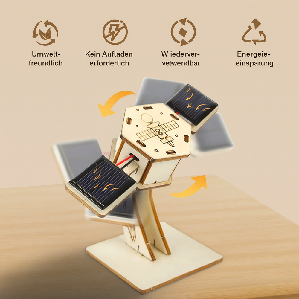 Hände bauen einen DIY Satelliten Bausatz aus Holz; Kreativset & Bildungsmodell für Raumfahrt-Interessierte.