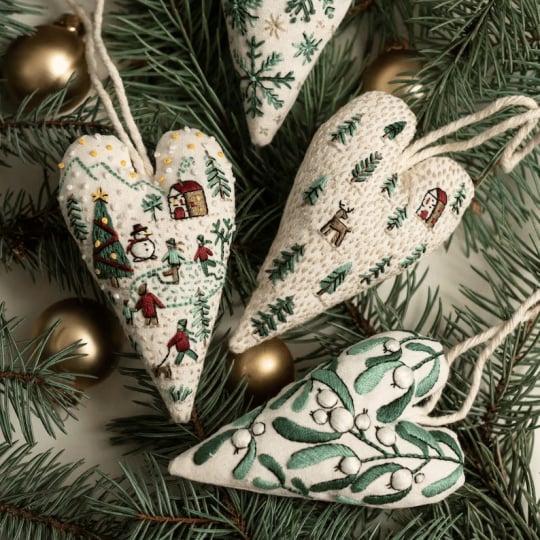 Close-up eines teilweise gestickten Herz-Ornaments, liebevoll gefertigt mit dem DIY Set.