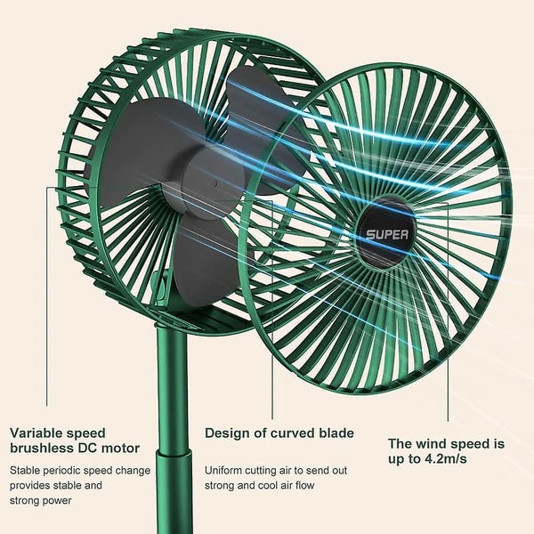 Zwei faltbare Mini-USB-Ventilatoren in Grün und Weiß; ideal für effektive, leise Kühlung im Sommer.