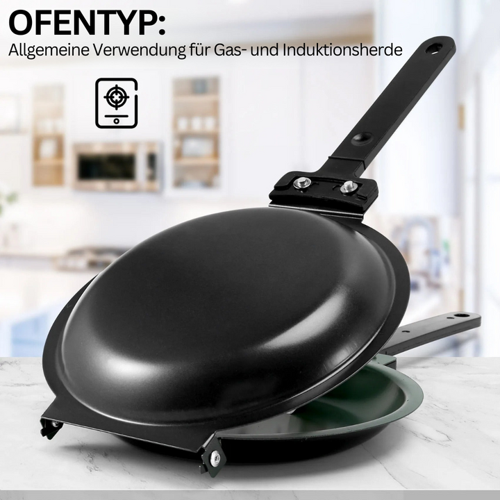 Leckere Pfannkuchen backen mit der doppelseitigen Antihaftpfanne; ideales Kochgeschirr für ein schnelles Frühstück.