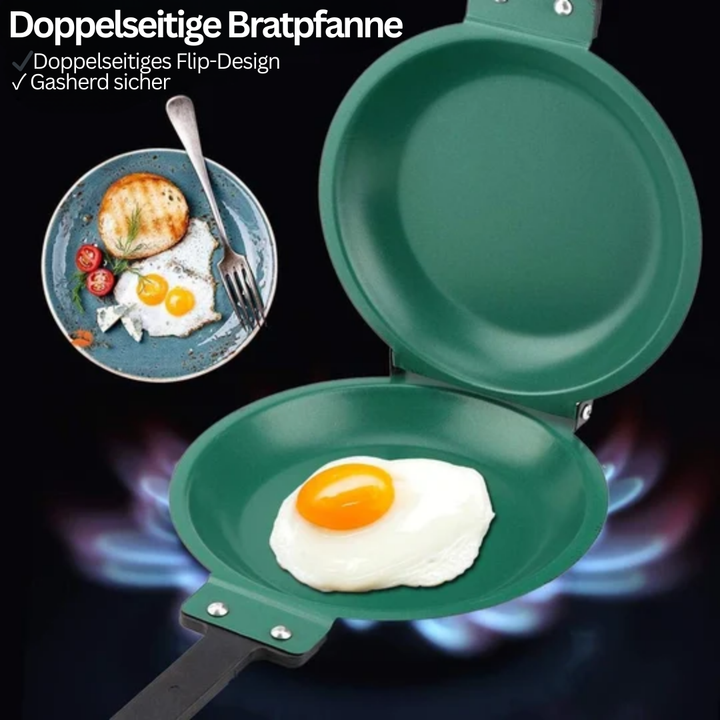 Geöffnete doppelseitige Antihaftpfanne: ideal für gleichzeitiges Garen von Pfannkuchen oder Eiern.