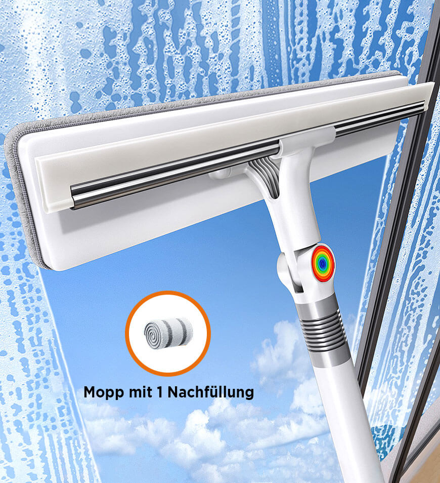 Effizienter Fensterreiniger mit Mikrofaser, doppelseitig; für glänzende, saubere Fenster im Haushalt.
