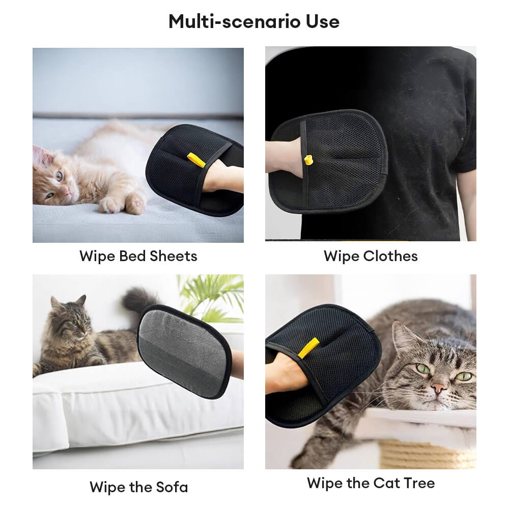 Hände halten den schwarzen, wiederverwendbaren Handschuh zur effektiven Tierhaarentfernung von Sofa oder Teppich.