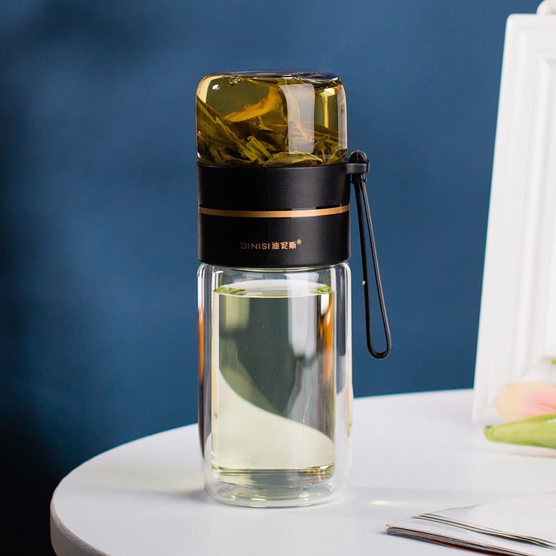 BPA-freie Glas Teeflasche mit Teesieb & Trageschlaufe für gesunden Teegenuss unterwegs.