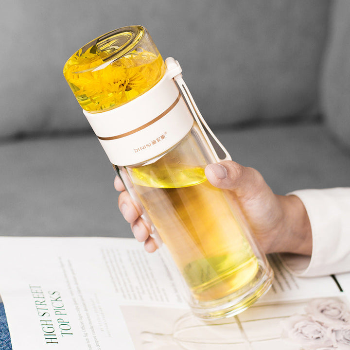 Auslaufsichere Isolierflasche für Tee, doppelwandig, mit Sieb und Trageschlaufe – perfekt für unterwegs.