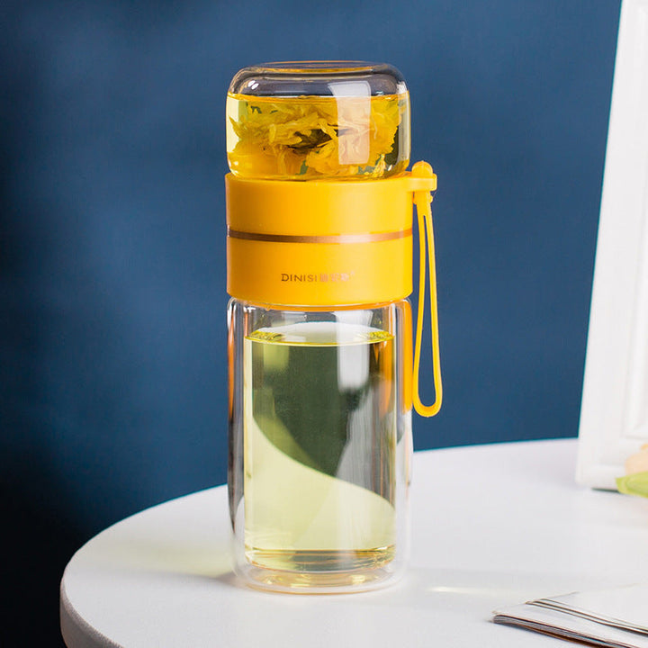 Robuste doppelwandige Glasflasche mit Edelstahlsieb für losen Tee und Silikon-Trageschlaufe.