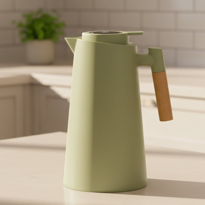 Doppelwandige Thermoskanne aus Edelstahl mit Temperaturanzeige und elegantem Holzgriff für Kaffee/Tee.