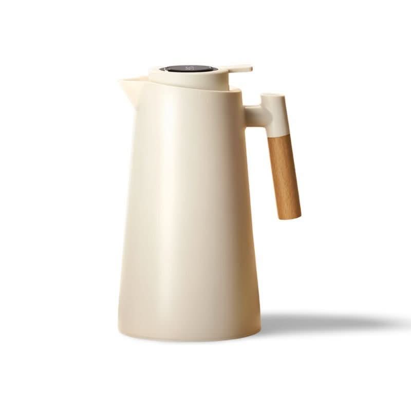 Doppelwandige Isolierkanne aus Edelstahl mit Temperaturanzeige und Holzgriff für Kaffee und Tee.