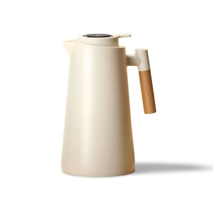 Doppelwandige Isolierkanne aus Edelstahl mit Temperaturanzeige und Holzgriff für Kaffee und Tee.