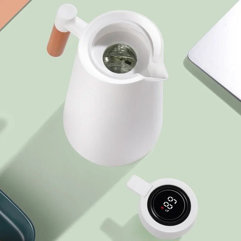 Praktische Thermoskanne für Büro & Reise: doppelwandig, Edelstahl, Temperaturanzeige, Holzgriff. Ideal für Kaffee/Tee.
