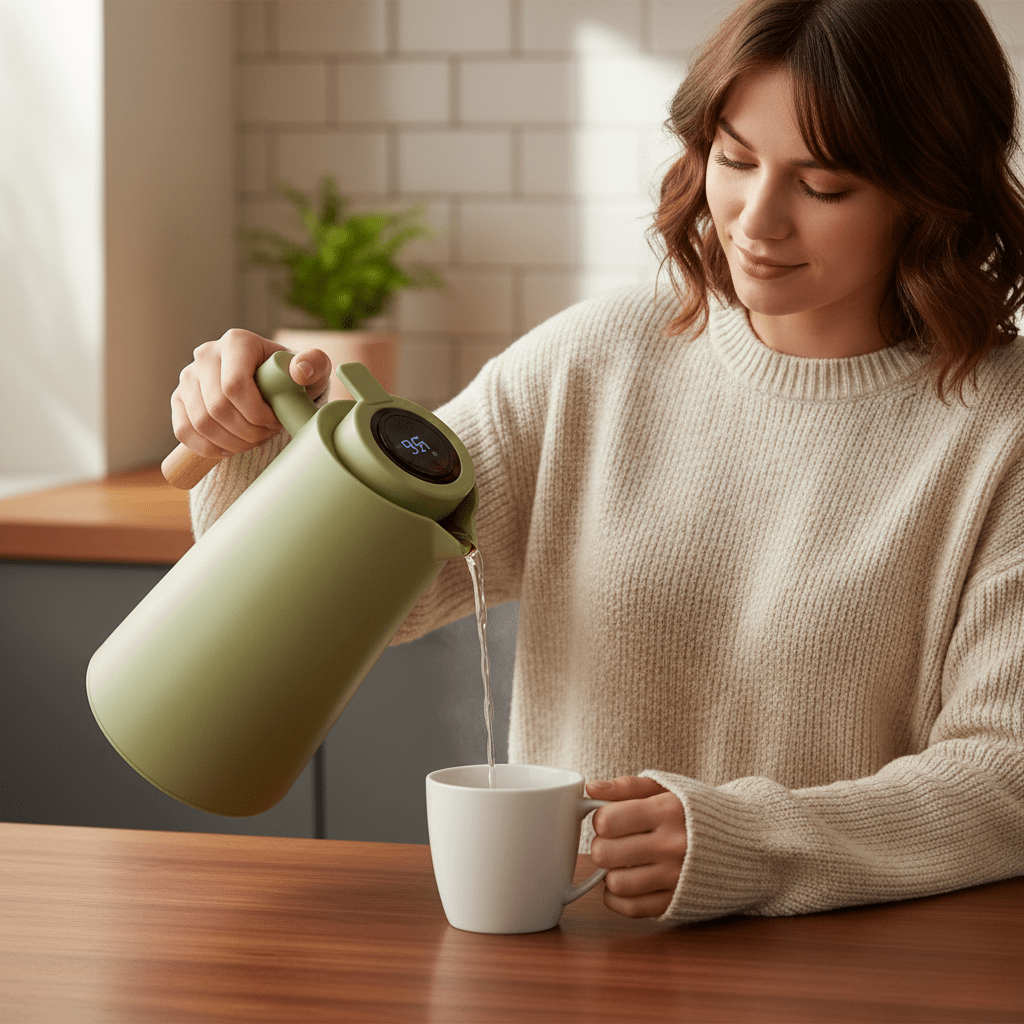 Design-Isolierkanne mit innovativer Temperaturanzeige, doppelwandig, Edelstahlkorpus & bequemer Holzgriff.