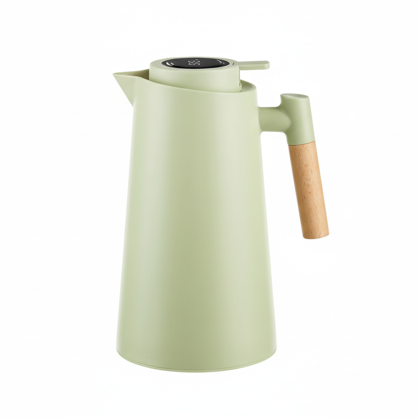Moderne Thermoskanne im eleganten Design: Edelstahl, doppelwandig, Temperaturanzeige & ergonomischer Holzgriff.