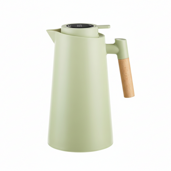 Moderne Thermoskanne im eleganten Design: Edelstahl, doppelwandig, Temperaturanzeige & ergonomischer Holzgriff.