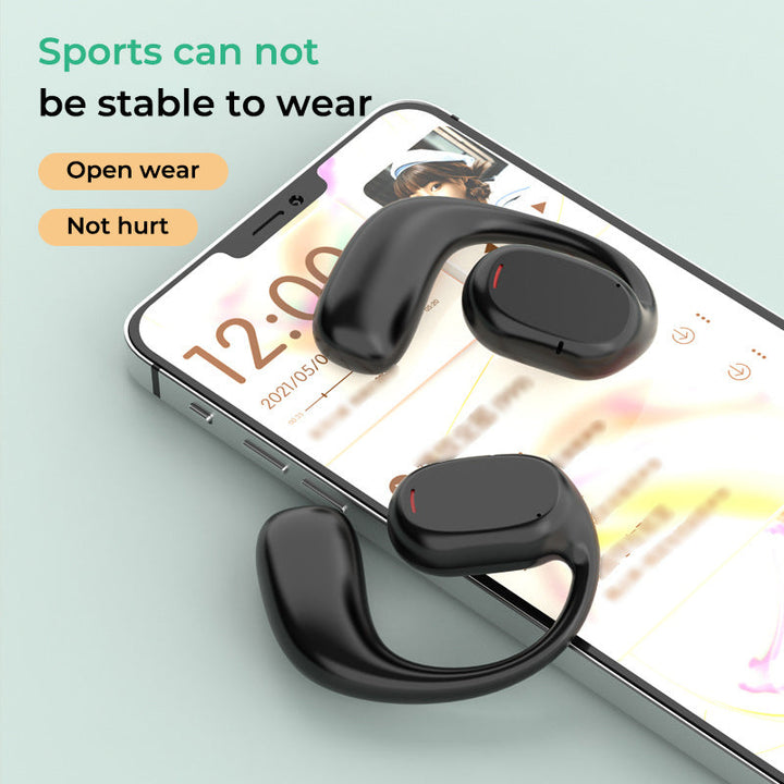 Schwarze AirBeat Flex drahtlose Ohrhörer, offenes Design, ideal für Sport und entspanntes Musikhören.