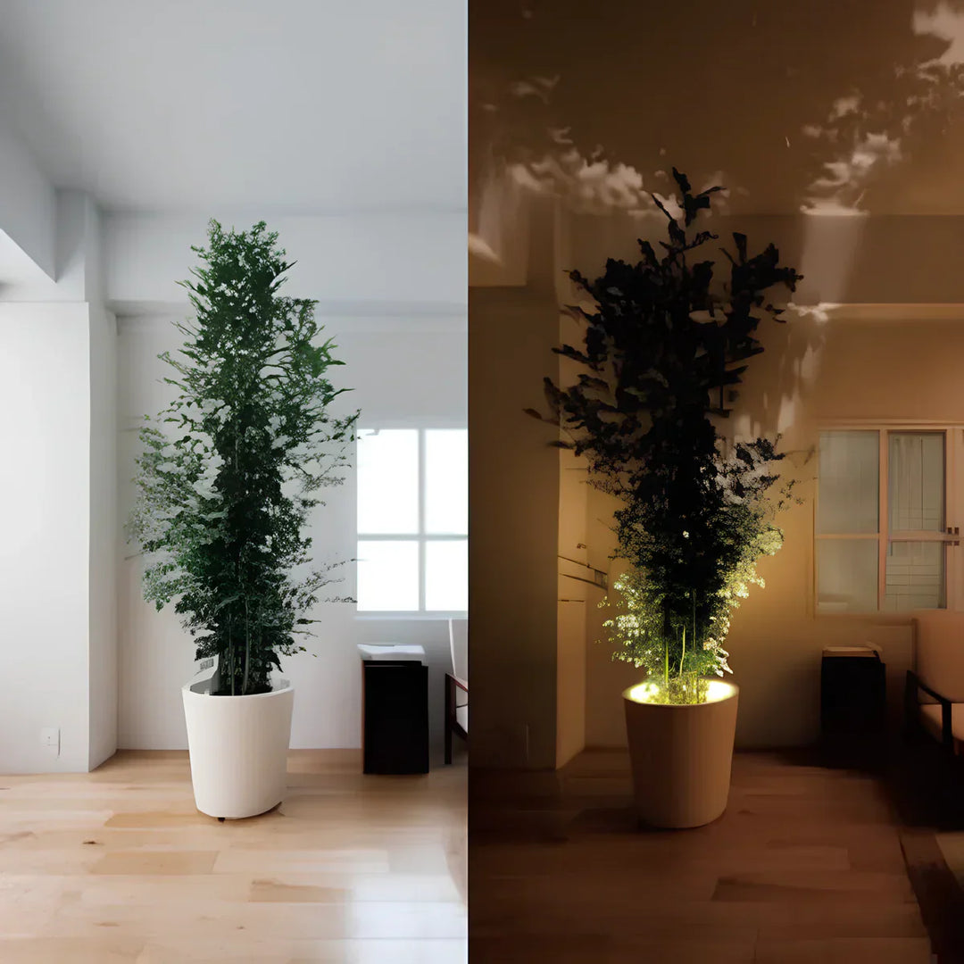 Eleganter, drahtloser LumaSpot LED-Spotlight, dimmbar, zur stilvollen Akzentbeleuchtung im Wohnzimmer.