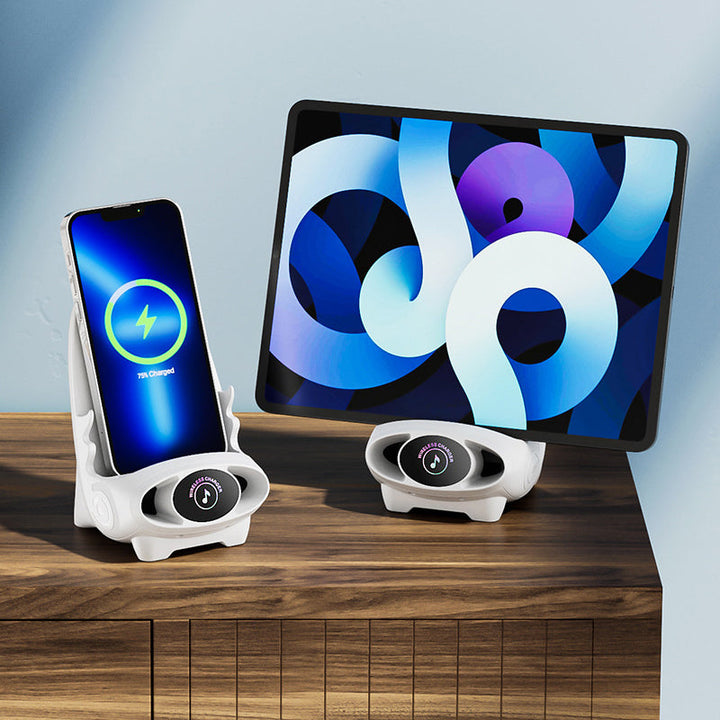 Modernes Bürozubehör: Kabelloser Telefonhalter im "Chair"-Design mit 15W Schnellladefunktion.