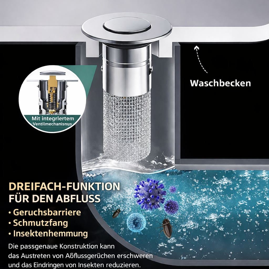 DrainGuard Pro Universal Abflussfilter, schützt effektiv vor Verstopfungen in Waschbecken, Dusche & Küche.