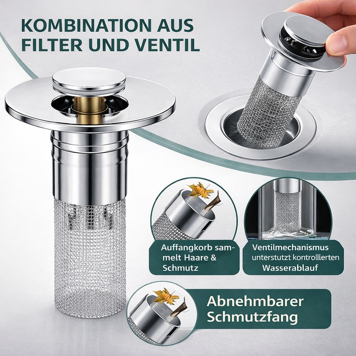 Nahaufnahme des DrainGuard Pro Haarfängers, fängt Haare & Schmutz effizient, verhindert Abflussverstopfungen.