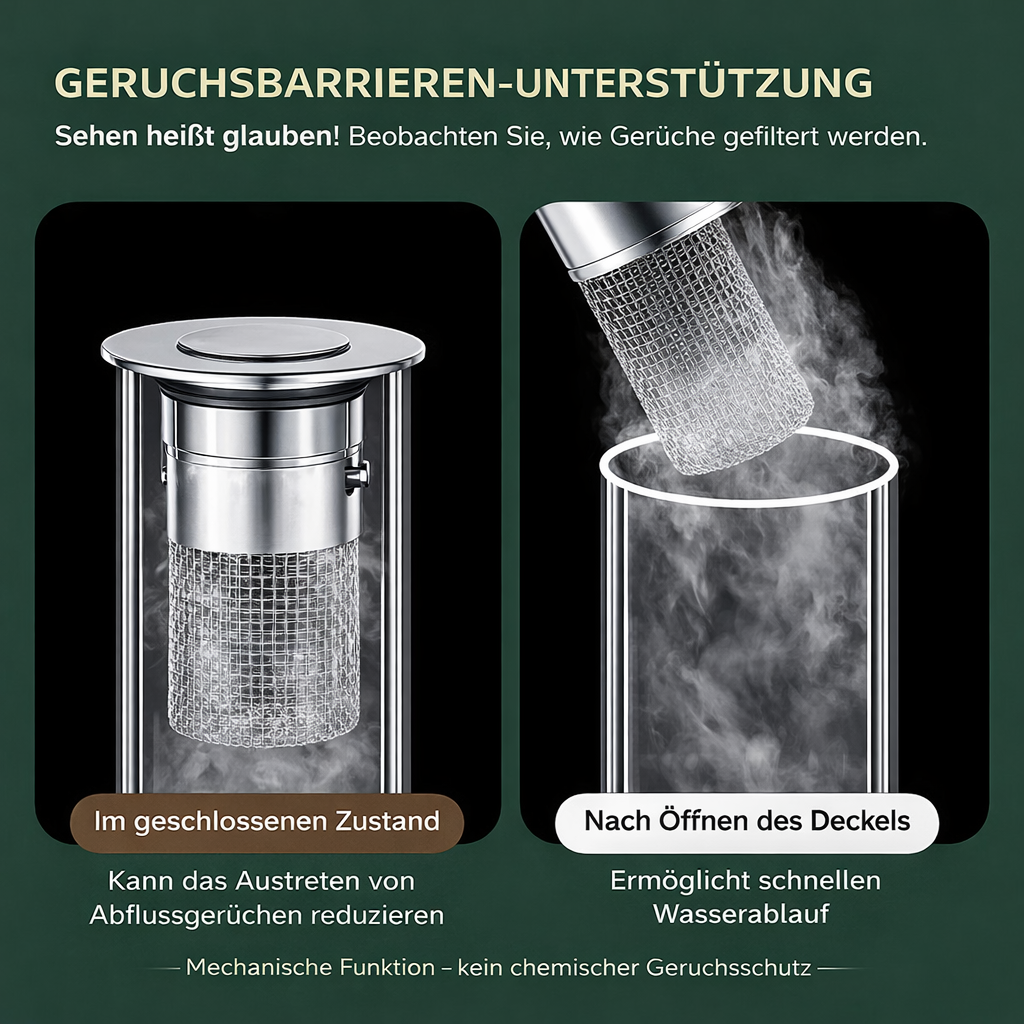 DrainGuard Pro Pop-up Abflusssieb im Waschbecken installiert, bietet Geruchsschutz & einfache Reinigung.
